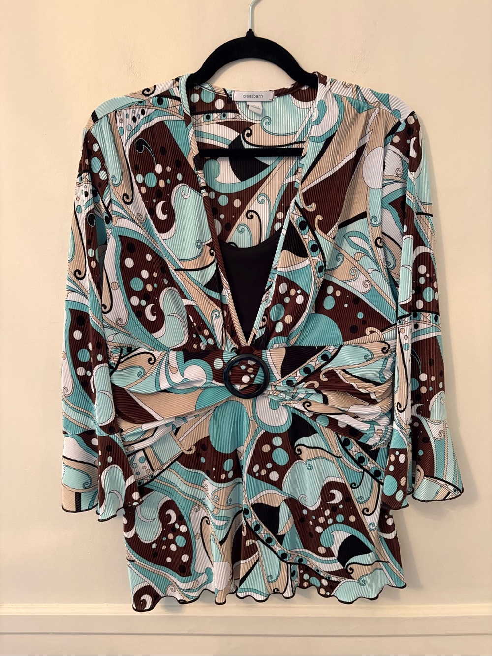DRESS BARN BLOUSE TOP GREEN BROWN BLACK  LT WEIGHT RIBBED BELL CUFF SZ Lg